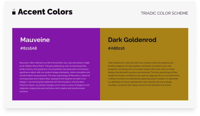 Guide detailing accent colors mauveine and dark goldenrod for branding.